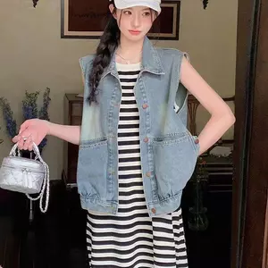 Mùa xuân hè 2026 Phong cách mới Áo khoác Denim bỏ túi thời trang Áo khoác ngoài dáng rộng không tay phù hợp