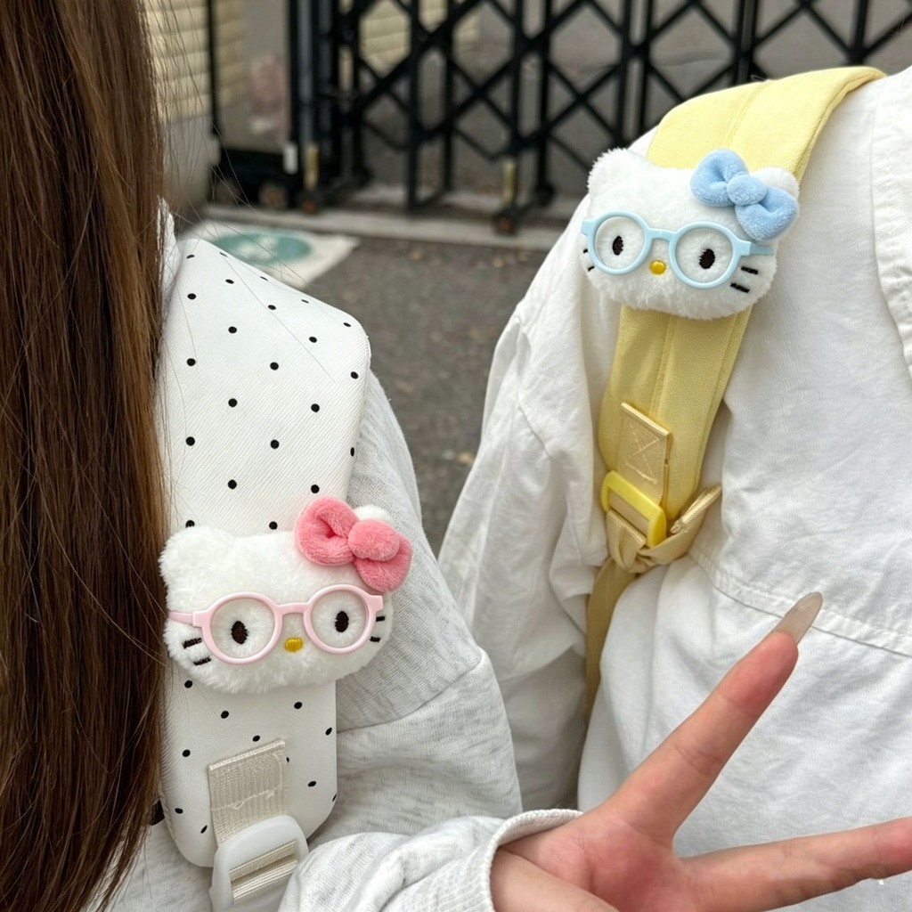 Kẹp dây đeo vai sang trọng Kitty dễ thương, Phụ kiện ba lô hoạt hình đáng yêu có kính & nơ