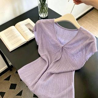 [Hàng mới về] Áo thun ngắn tay dệt kim cổ chữ V sáng nhẹ nhàng sáng đẹp thắt nút nơ nữ mùa hè độc đáo Sli đẹp