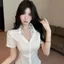 Áo sơ mi trắng gợi cảm Pure Desire mùa hè ren cổ chữ V eo hẹp, thời trang phù hợp