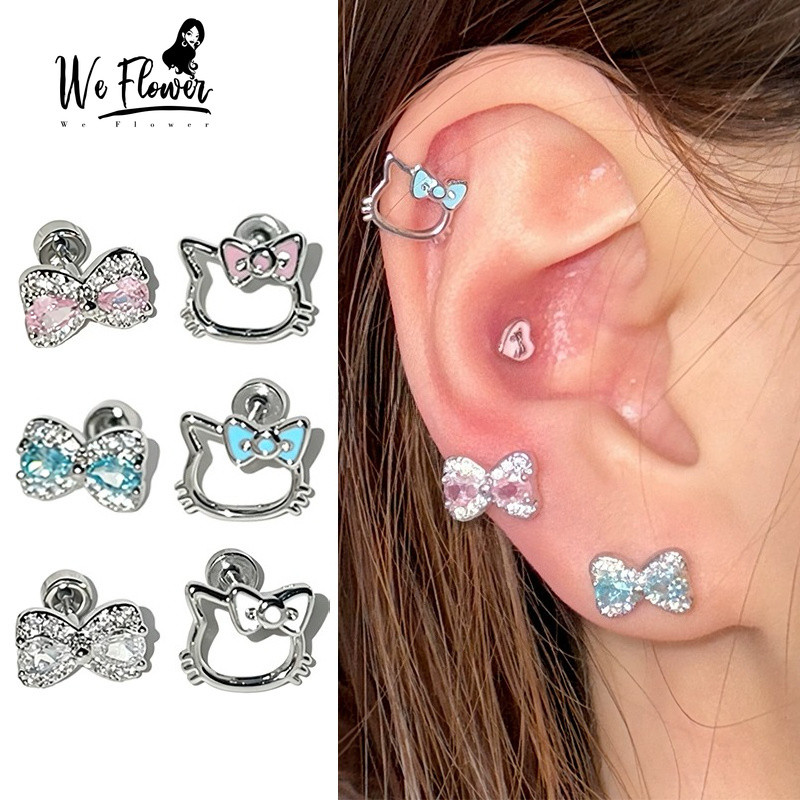 WeFlower 1 Đáng Yêu s925 Bạc Xanh Hồng Pha Lê Nơ Kitty Vít Bông Tai Nữ Bé Gái Xuyên Tai Trang Sức