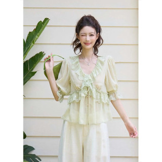 Áo Sơ Mi Tay Ngắn Voan Cổ Chữ V Xù Nấm Cạnh Slim-Fit Puff Tay Áo Sơ Mi Bé Gái Ren Xanh Mùa Hè Thiết Kế Đơn Giản Khâu Ren Thời Trang Tuổi-