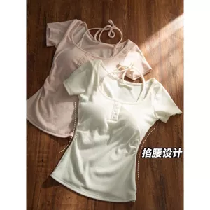 Áo thun ngắn tay thuần khiết mùa hè phong cách Hàn Quốc dành cho nữ Hot Girl Slim-Fit Giả hai mảnh Dây buộc cổ áo lót ngực Crotchless