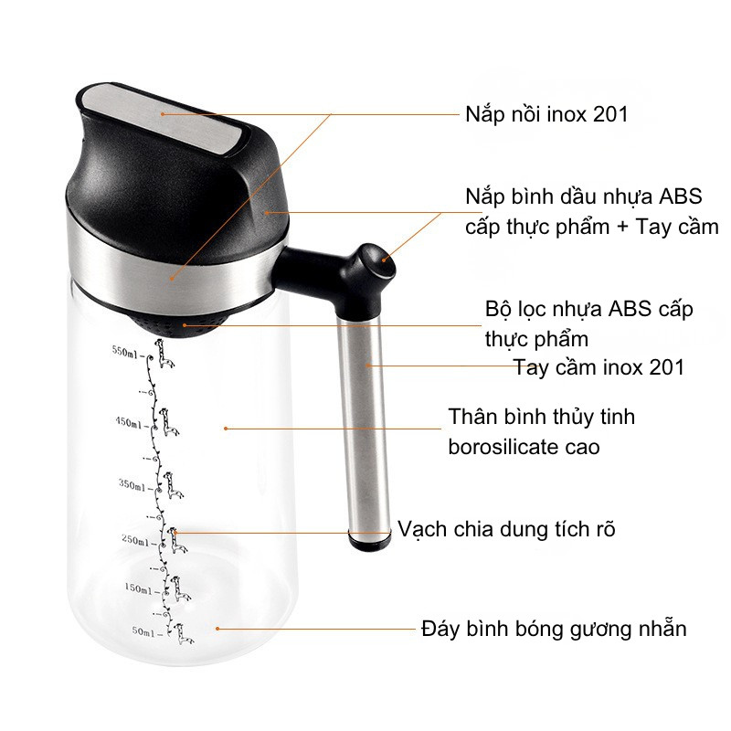 Chai dầu thủy tinh cao cấp 2 chế độ phun/rót, nắp tự động, 550ml, chống rò rỉ - dùng gia đình