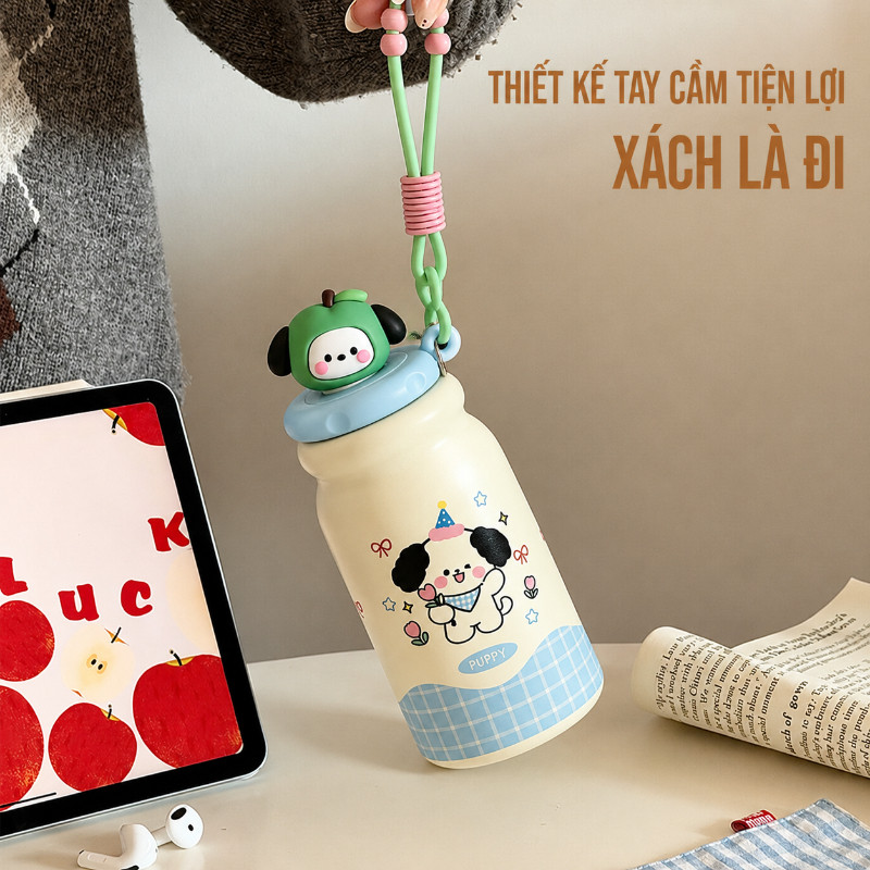 Bình Nước Giữ Nhiệt Táo 500ml Đáng Yêu,Có Ống Hút Và Lọc Dành Cho,Inox 316 An Toàn,Cho Bé đi Học