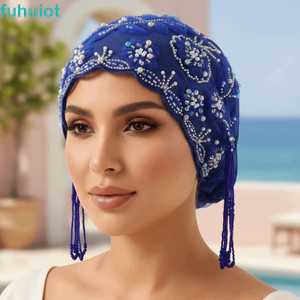 Mũ đuôi cá FUHUIOT, Mũ xếp hình lưới thêu hoa, Dây thun lưới Turban Dây thun tua dài nhẹ Khăn trùm đầu Ấn Độ Thời trang nữ