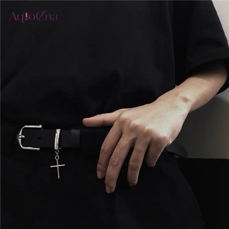 AqToCna Punk Chữ Thập Mặt Dây Jean Quần Thắt Lưng Thời Trang Retro Nam Nữ Dây Thắt Lưng Da PU Kim Loại Pin Bule Hip Hop Dây Thắt Lưng AqToCna