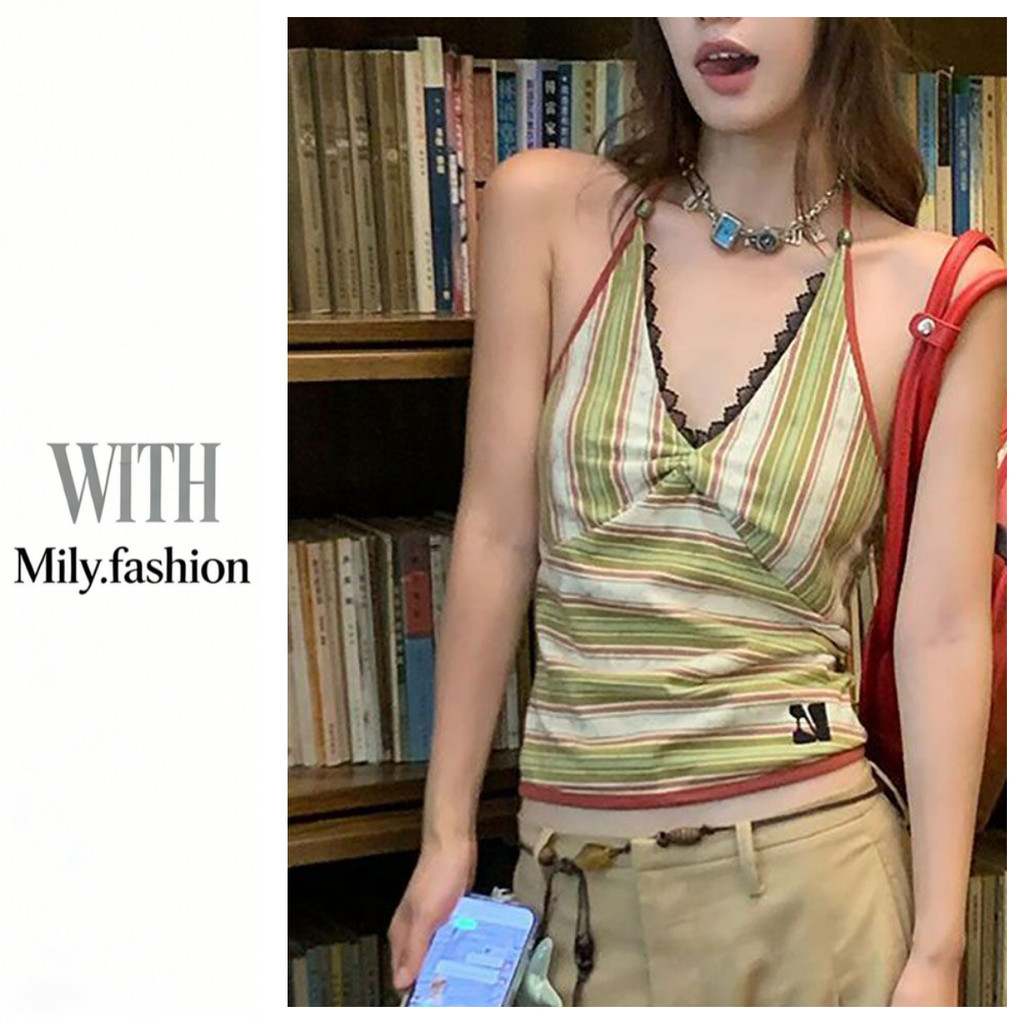 Milyfashion Sâu Cổ Chữ v Sọc Sling Mùa Hè Phong Cách Mới Slim-fit Ôm Hơn Nhìn Không Tay Bên Ngoài Mặc Nẹp Tay Ngắn Top ELEA