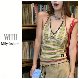 Milyfashion Sâu Cổ Chữ v Sọc Sling Mùa Hè Phong Cách Mới Slim-fit Ôm Hơn Nhìn Không Tay Bên Ngoài Mặc Nẹp Tay Ngắn Top ELEA