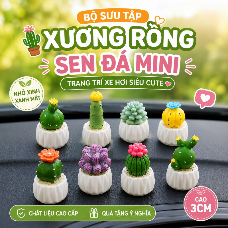 mô hình xương rồng mini sen đá trang trí taplo xe hơi để bàn nhựa chống nắng dễ thương