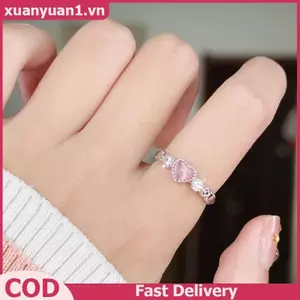 XUAN Bạc Màu Nhẫn Trái Tim Màu Hồng Opal Sáng Tạo Nhẫn Vintage Thẩm Mỹ Dễ Thương Punk Nhẫn Dành Cho Nữ Quyến Rũ Trang Sức Phụ Kiện VN