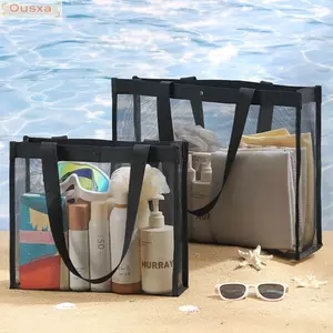 Túi đựng lưới OUSXA, Túi Tote đi biển dung tích lớn trong suốt, Túi đeo vai màu đen dệt di động Bơi lội