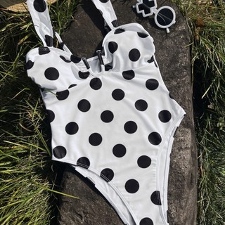 Đồ bơi nữ màu trắng chấm đen cổ chữ U Bộ đồ tắm Bikini cắt cao một mảnh