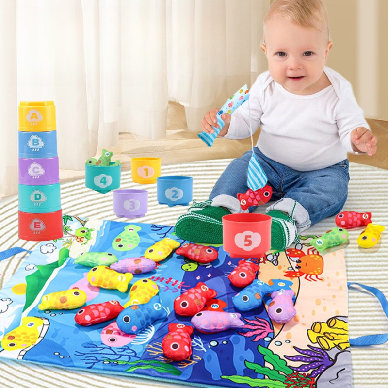 【SKISOPGO】Đồ Chơi Câu Cá Bằng Nỉ 3D,Trò chơi câu cá bằng vải có cốc xếp chồng,Phân loại màu sắc Đạo cụ giáo dục sớm