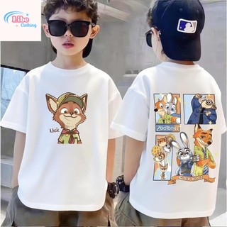 Áo Thun Trẻ Em Bé Trai Gái In Zootopia Nick & Judy, Áo Bông Ngắn Tay Hè Phong Cách Hoạt Hình Size 3-12 Tuổi COD