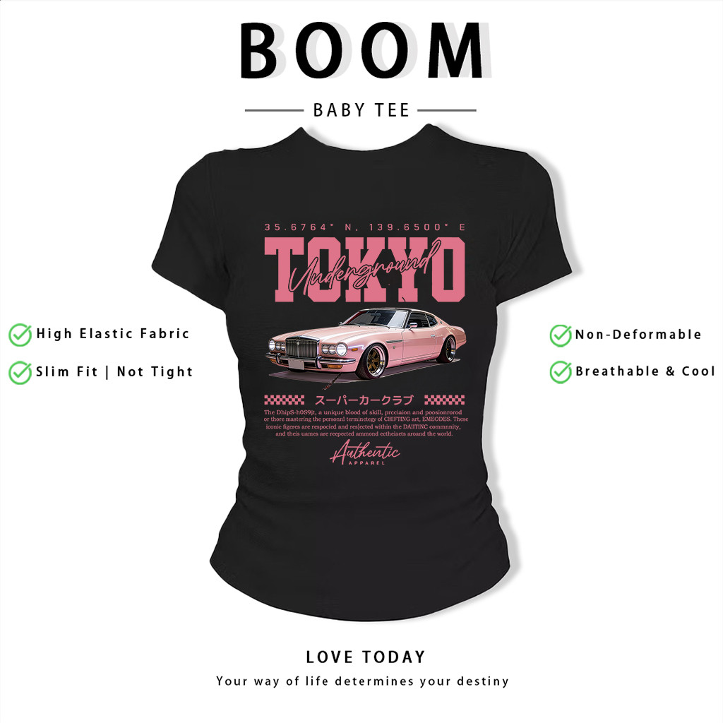 BOOM Áo Baby Tee Nữ Cotton Ôm Body-Áo Thun Ngắn Tay Y2K In Hình PhongCách Mùa Hè, Cổ Tròn Hàng Đầucách hàn quốc phongC91