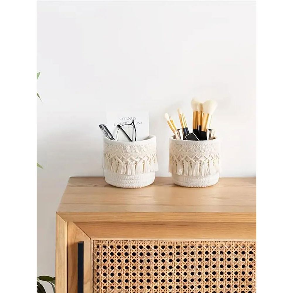 Giỏ đựng đồ dệt nhỏ, Dây bông trang trí cho tã, chăn, tạp chí và chìa khóa, Trang trí vườn ươm tua rua dễ thương - Hộp đựng đồ gia đình (Nâu)