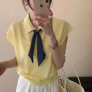 Áo thun cổ Polo phong cách Hepburn khăn lụa không tay dệt kim Áo thun nữ, áo mùa hè mới dành cho nữ
