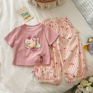 Cô Gái Mùa Hè Dễ Thương Ngộ nghĩnh In Hình Mèo Ngắn Bộ Cô Gái Kẻ Sọc Anh Đào Bloomers Quần Chống Muỗi Bộ Hai Mảnh