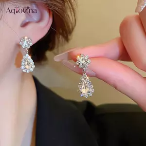 AqToCna Thời Trang Đơn Giản Giọt Nước Pha Lê Đá Nelace Bông Tai Nữ Cưới Cô Dâu Nhẹ Sang Trọng Bộ Trang Sức Phụ Kiện AqToCna