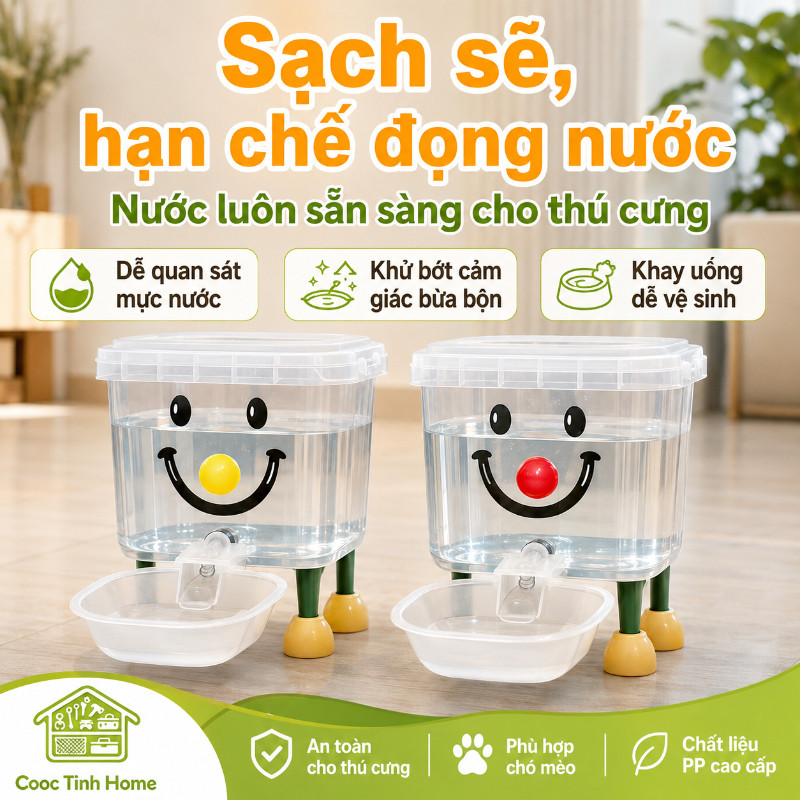 Máy Phun Nước Tự Động 3L/5L Trong Suốt Cho Thú Cưng, Bình Uống Có Bát Cho Chó Mèo Chất Liệu PP Dễ Làm Sạch