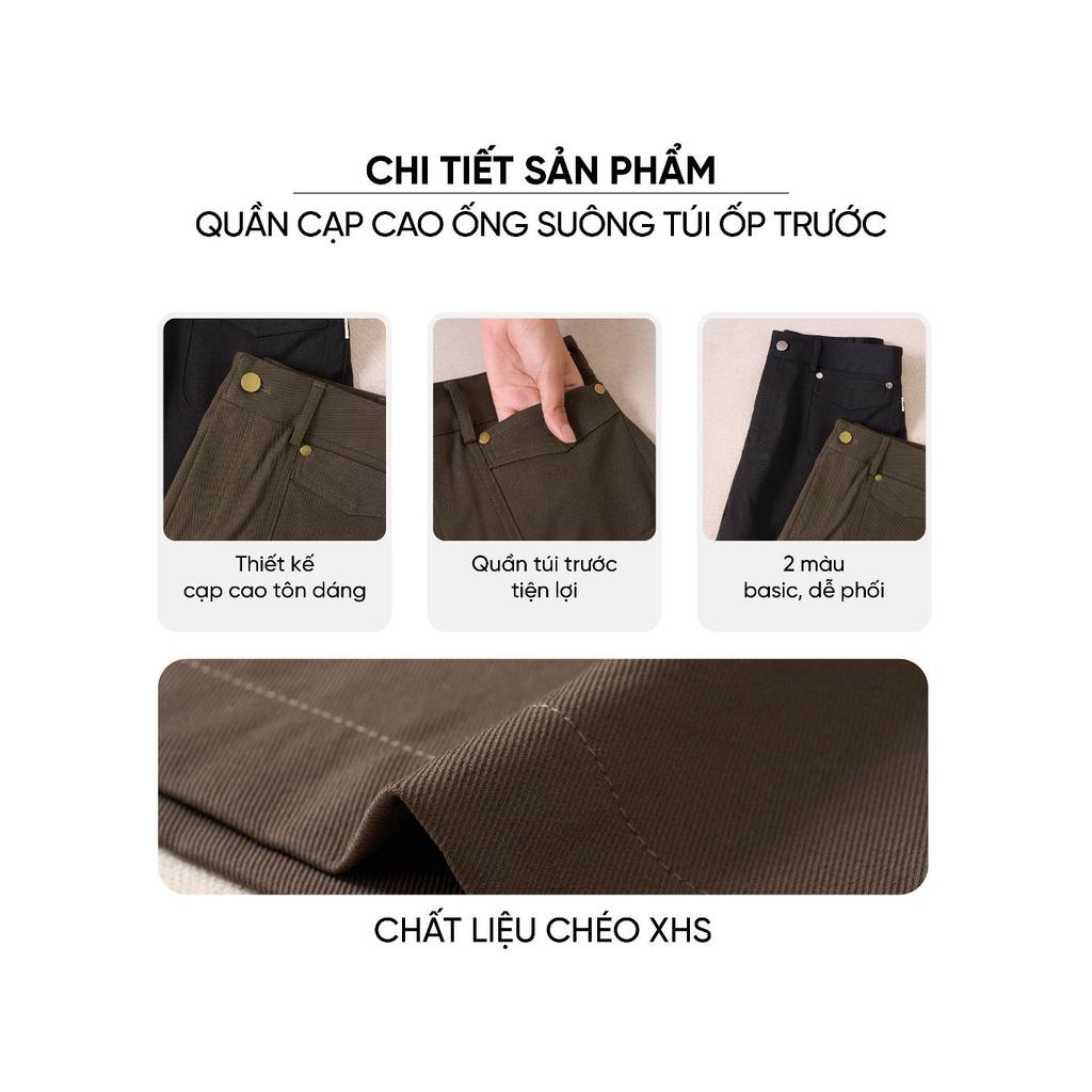 Quần dài nữ CARDINA chất liệu chéo XHS cạp cao ống suông túi ốp trước 6QDT17
