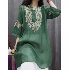 Mùa Xuân 2026 Retro Vải Lanh Cotton Công Nghiệp Nặng Thêu Văn Học Phù Hợp Với Hàng Đầu Rời Phong Cách Phương Tây Giữa Chiều Dài Áo Sơ Mi Đầm 5.26