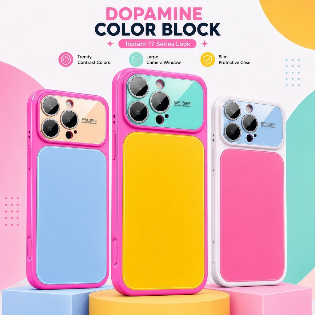 Ốp điện thoại khối màu Dopamine cho iPhone 13 14 15 16 17 Pro Max, Giao diện tức thì 17 Series, Cửa sổ máy ảnh lớn, Bảo vệ ống kính, Màu sắc hợp đồng Vỏ mềm Acrylic chống sốc