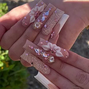 Móng Tay Đeo Móng Tay Phong Cách Dài Nhấp Nháy Nhiều Màu Sắc Kim Cương Nơ Giả Móng Tay Miếng Dán Móng Tay Giả