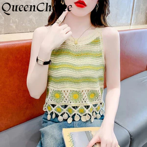 Phụ Nữ Phong Cách Boho Sọc Knnited Tank Nữ Casual Không Tay Top Nhiều Màu Sắc Ngày Lễ Mặc Áo Sơ Mi