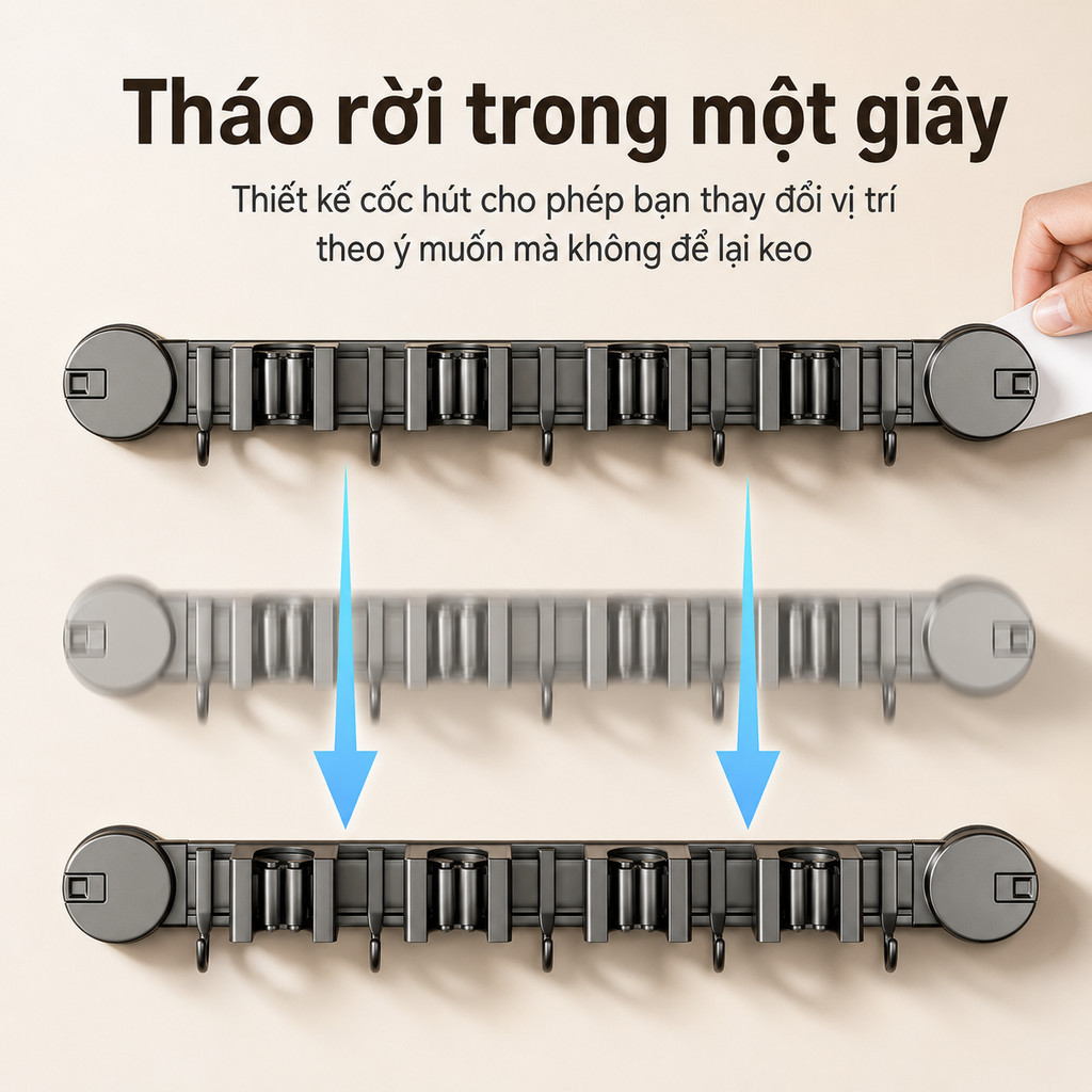 Thanh móc kẹp chổi,Hút Chân Không Gắn Tường,móc treo cây lau nhà đa năng dán tường,Không Hỏng Tường