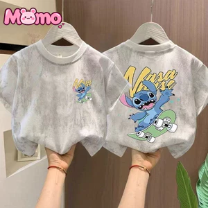 Áo buộc dây cổ tròn tay ngắn in họa tiết hoạt hình Stitch dễ thương dành cho bé trai và bé gái