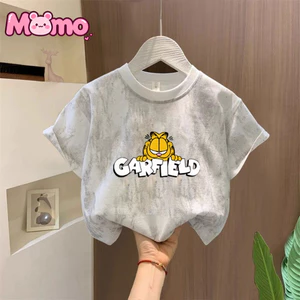 Áo thun trẻ em cổ tròn in họa tiết hoạt hình Garfield dành cho bé trai và bé gái
