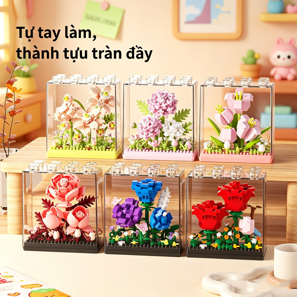 Bộ DIY 9/16 Hoa Lắp Ráp,Quà tặng cho người yêu,Handmade bó hoa khối xây dựn,Mô Hình Khối Xây Dựng Sáng Tạo