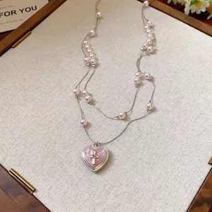 Màu Pháp Xếp Chồng Trái Tim Đeo Chéo Ngọc Trai Vòng Cổ Nhỏ Tươi Ngọt Ngào Xương Đòn Dây Chuyền Không Khí Đơn Giản Vòng Cổ 6.2