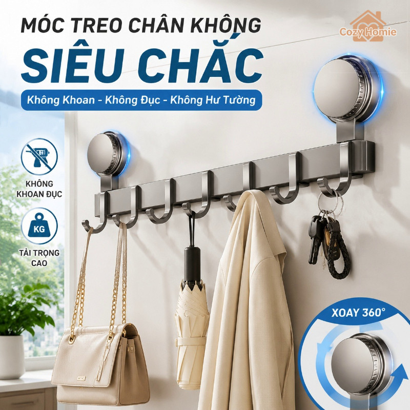 móc treo quần áo hút chân không không khoan không dính thép không gỉ phù hợp mọi bề mặt