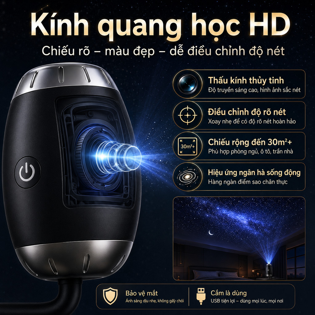 Đèn Chiếu Bầu Trời Sao USB – LED Trang Trí Trần Xe Hơi, Xoay 360°, Góc Chiếu Linh Hoạt, Cắm USB Tiện Lợi