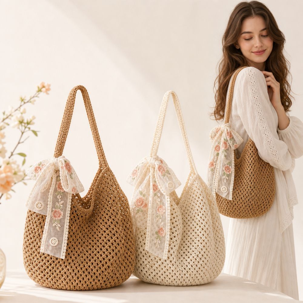 HOBBYIN Túi đeo vai nữ HOBBYIN, Túi đeo nách dệt kim rỗng, Thời trang thủ công với nơ ren Dung tích lớn Túi Tote móc đi biển mùa hè