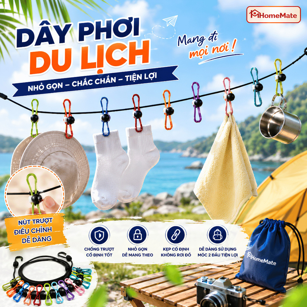 Dây Phơi Đồ Du Lịch Co Giãn HomeMate 1.8–3.5m, Dây Treo Quần Áo Có 12 Kẹp Chống Gió Kèm Móc Carabiner Tiện Lợi