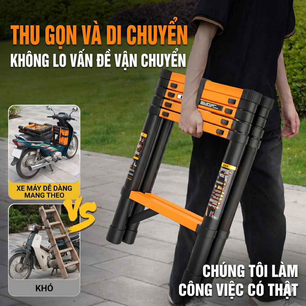 Thang chữ A gấp gọn thang đi bộ thép carbon đa năng chịu tải 400kg chống trượt an toàn dễ dàng chở bằng xe máy