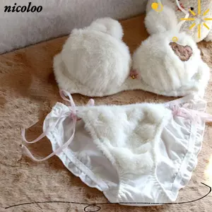 Bộ đồ lót nữ NICOLOO, Không có vòng thép Áo ngực mùa đông sang trọng & Bộ tóm tắt, Thời trang mềm mại hoạt hình Gấu Cô gái Quần lót ấm áp Quần lót phù hợp với nữ