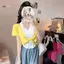 JULYHOT Mùa Hè Giả Hai Mảnh Màu Sắc Tương Phản Khâu Áo Thun Ngắn Mỏng Cố Định Miếng Lót Ngực Xoắn Đa Năng Top Massivedeals
