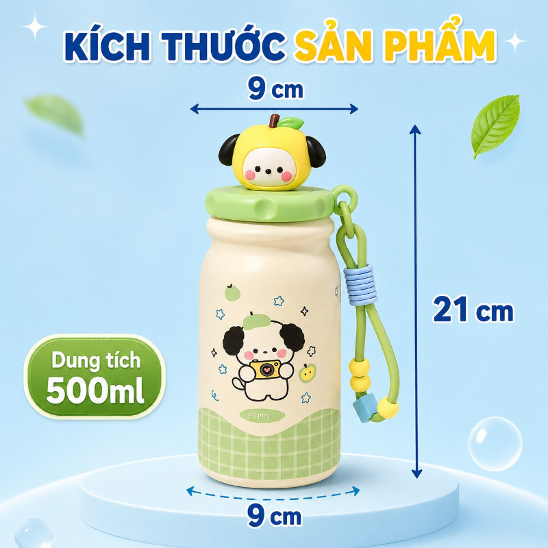 Bình Giữ Nhiệt 500ml Cún Trái Cây,Inox 316,Có Ống Hút Lọc Trà,Dây Đeo,Chống Rò Rỉ