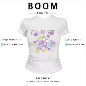 BOOM Áo Baby Tee Nữ Cotton Ôm Body-Áo Thun Ngắn Tay Y2K In Hình PhongCách Mùa Hè, Cổ Tròn Hàng Đầucách hàn quốc phong210