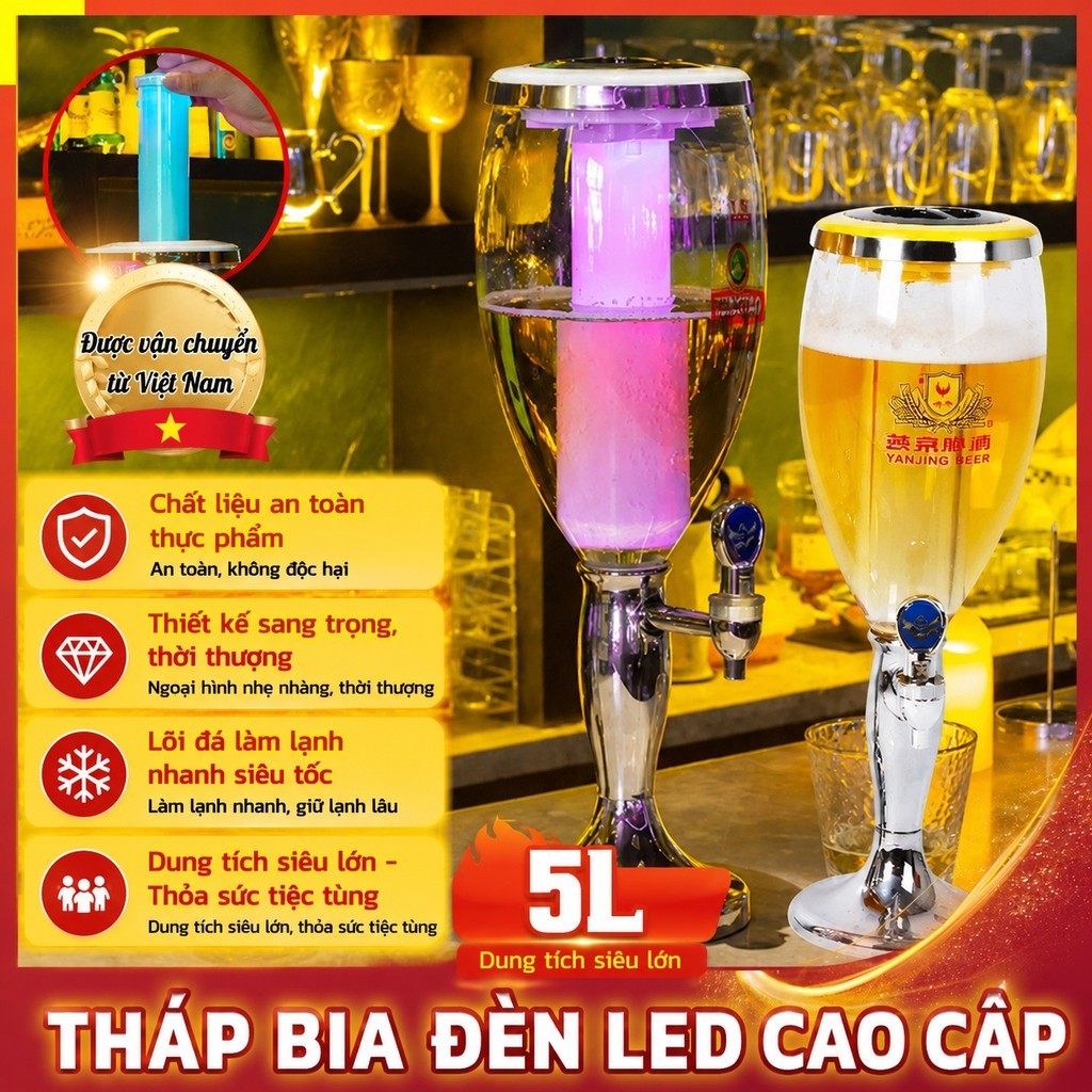Hàng sẵn🚚Tháp bia 5 lít, lõi đá giữ lạnh🍺 đèn LED💡 Bình rót bia, Bia tháp, Máy rót bia cho quán beer, bar