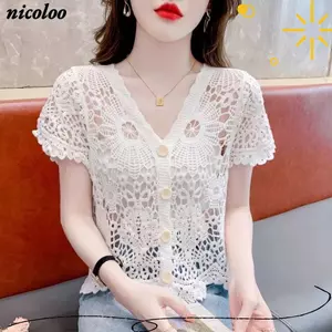 Áo móc NICOLOO, Áo thêu cổ chữ V dệt kim mở, Áo sơ mi nữ ngắn tay phong cách Boho thời trang