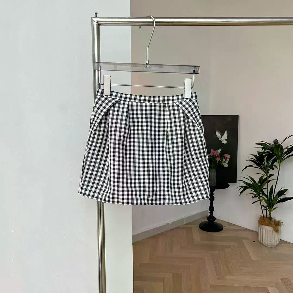 Hàn Quốc Mới Đen Trắng Ca Rô Váy Ngắn Nữ Mùa Hè Đa Năng Hoa Bud Váy Ngắn