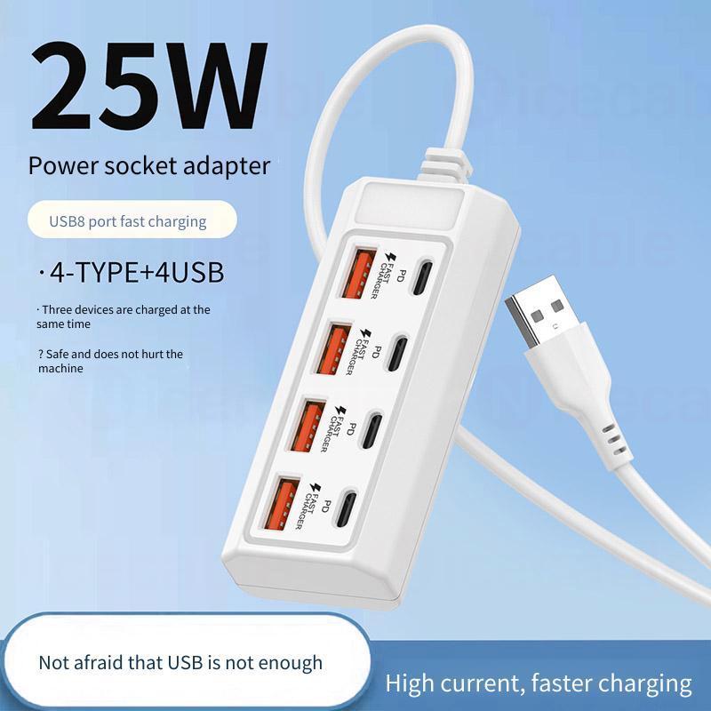 Bộ chuyển đổi điện 25W 8 trong 1 4USB + 4Type C sạc nhanh an toàn, dùng cho ổ cắm, sạc dự phòng, laptop