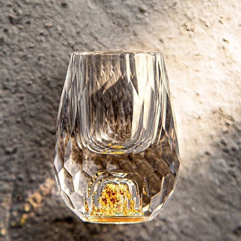 GHX Cốc thủy tinh pha lê sang trọng, đáy đôi vàng lá, dùng cho vodka/sake/shochu/trà, quà tặng cao cấp VN