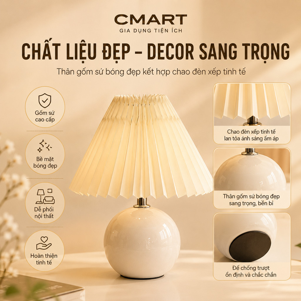 𝐂𝐌𝐀𝐑𝐓.𝐆𝐢𝐚 𝐝𝐮̣𝐧𝐠 Đèn Ngủ Để Bàn Thân Tròn Lồng Xếp Ly Phong Cách Bắc Âu CM12 [CMART GIA DỤNG TIỆN ÍCH] | BigBuy360 - bigbuy360.vn